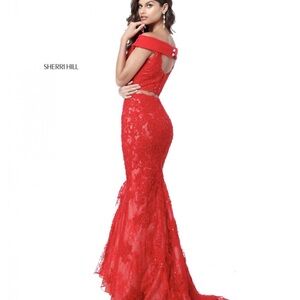 Sherri Hill Ivory Lace Off-Shoulder Mermaid Two-Piece Gown